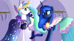 Size: 1280x720 | Tagged: safe, artist:jbond, princess celestia, princess luna, alicorn, pony, canterlot boutique, accessory swap, amused, clothes, dress, duo, female, mare, over the moon, royal sisters, siblings, sisters, smiling, tripping the light