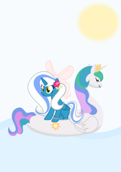 Size: 2039x2894 | Tagged: safe, artist:riofluttershy, princess celestia, oc, oc:fleurbelle, alicorn, pony, alicorn oc, bow, bracelet, female, floatie, floating, flower, hair bow, hawaii, hawaiian, hawaiian flower in hair, jewelry, long hair, long mane, long tail, mare, neon bracelet, ocean, pink bow, relaxed, relaxed face, relaxing, ribbon, smiling, sun, wave