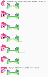 Size: 558x883 | Tagged: safe, artist:dziadek1990, gummy, pinkie pie, earth pony, pony, anticlimactic, cave, cave pool, clone, conversation, dialogue, disappointed, emote story, emotes, mirror pool, reddit, slice of life, staring contest, text, unamused