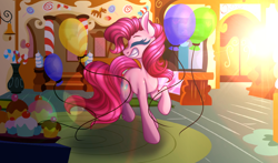 Size: 1700x1000 | Tagged: safe, artist:deloreandingo, pinkie pie, pony, balloon, eyes closed, raised hoof, smiling, solo