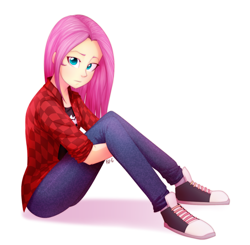 Size: 1024x1005 | Tagged: safe, artist:fj-c, fluttershy, human, equestria girls, clothes, converse, hug, humanized, jeans, leg hug, looking at you, pants, plaid shirt, shirt, shoes, simple background, sitting, solo