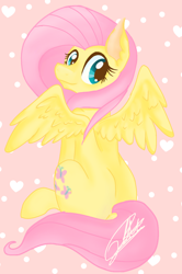Size: 720x1084 | Tagged: safe, artist:sweetkllrvane, fluttershy, pegasus, pony, cute, female, head turn, looking at you, looking back, looking back at you, mare, rear view, shyabetes, signature, sitting, smiling, solo, spread wings, wings