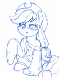 Size: 2550x3300 | Tagged: safe, artist:latecustomer, applejack, earth pony, pony, clothes, monochrome, oversized clothes, raised eyebrow, sketch, solo, sweater, unimpressed