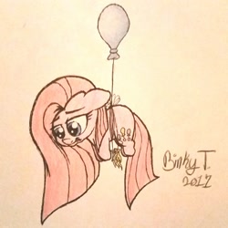 Size: 1836x1836 | Tagged: safe, artist:binkyt11, derpibooru exclusive, pinkie pie, pony, balloon, chibi, floating, floppy ears, pinkamena diane pie, sad, solo, then watch her balloons lift her up to the sky, traditional art