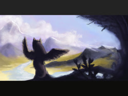 Size: 800x600 | Tagged: safe, artist:e_dubina, fluttershy, pegasus, pony, looking away, mountain, rear view, scenery, sitting, solo, spread wings, wings