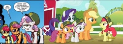 Size: 1046x378 | Tagged: safe, idw, screencap, apple bloom, applejack, rarity, scootaloo, sweetie belle, earth pony, pony, unicorn, 28 pranks later, spoiler:comic, spoiler:comic24, annoyed, barn, canon, cutie mark, cutie mark crusaders, filly, filly guides, happy, hat, official comic, open mouth, panel, raised hoof, ribbon, smiling, sweet apple acres, the cmc's cutie marks