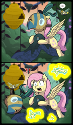 Size: 969x1650 | Tagged: safe, artist:vavacung, fluttershy, bee, flash bee, pegasus, pony, a health of information, ..., beehive, caught, cute, exclamation point, healer's mask, mask, queen bee, shyabetes, this will end in pain