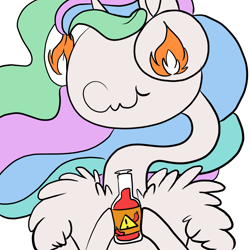 Size: 1280x1280 | Tagged: safe, artist:asksillypones, princess celestia, alicorn, pony, :t, bottle, chest fluff, exclamation point, female, fire, flame eyes, fluffy, frown, hoof hold, hot sauce, impossibly long neck, long neck, mare, scrunchy face, shoulder fluff, simple background, solo, this will not end well, wat, wavy mouth, white background, wingding eyes