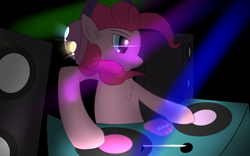 Size: 1920x1200 | Tagged: safe, artist:ghost3641, pinkie pie, earth pony, pony, chest fluff, dj booth, ear fluff, headphones, solo, speakers, turntable