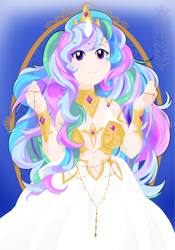 Size: 3000x4294 | Tagged: safe, artist:bigbuxart, princess celestia, human, belly button, cute, horned humanization, humanized, jewelry, long hair, midriff, regalia, smiling, solo