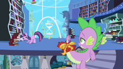 Size: 1280x720 | Tagged: safe, derpibooru import, screencap, spike, twilight sparkle, unicorn twilight, dragon, pony, unicorn, friendship is magic, book, bookshelf, canterlot, duo, female, hourglass, male, mare, twilight's canterlot home