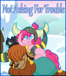 Size: 660x768 | Tagged: safe, artist:esmeia, pinkie pie, prince rutherford, earth pony, pony, yak, not asking for trouble, colored pupils, duo, female, helmet, hilarious in hindsight, honorary yak horns, horned helmet, mare, ponies riding yaks, title card, viking helmet