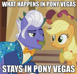 Size: 949x907 | Tagged: safe, edit, edited screencap, screencap, applejack, gladmane, earth pony, pony, viva las pegasus, caption, clothes, female, image macro, male, mare, meme, stallion