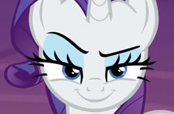 Size: 1726x1135 | Tagged: safe, screencap, rarity, pony, unicorn, made in manehattan, close-up, female, horn, lidded eyes, looking at you, mare, rarismug, smiling, smirk, solo