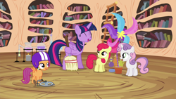 Size: 1280x720 | Tagged: safe, derpibooru import, screencap, apple bloom, scootaloo, sweetie belle, twilight sparkle, twilight sparkle (alicorn), alicorn, pony, twilight time, cutie mark crusaders, female, mare