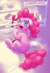 Size: 1232x1800 | Tagged: safe, artist:limply_swamp, pinkie pie, earth pony, pony, cake, caught, eating, exclamation point, food, head turn, looking at you, looking back, looking back at you, refrigerator, sitting, solo