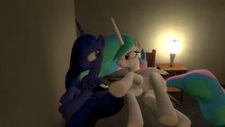 Size: 1366x768 | Tagged: safe, princess celestia, princess luna, alicorn, pony, 3d, bed, bedroom, gmod, love