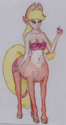 Size: 600x1125 | Tagged: safe, artist:marta4708, applejack, centaur, apple, centaurjack, food, solo, traditional art, watermark