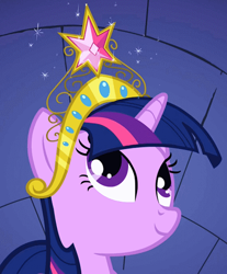 Size: 410x495 | Tagged: safe, derpibooru import, screencap, twilight sparkle, friendship is magic, big crown thingy, element of magic, smiling, solo