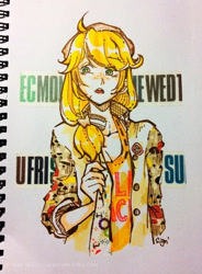 Size: 640x869 | Tagged: safe, artist:signiroha, applejack, human, humanized, markers, solo, traditional art