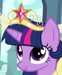 Size: 410x497 | Tagged: safe, derpibooru import, screencap, twilight sparkle, twilight sparkle (alicorn), alicorn, pony, magical mystery cure, big crown thingy, element of magic, female, mare, smiling, solo