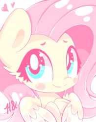 Size: 3218x4096 | Tagged: safe, artist:hungrysohma, fluttershy, pegasus, pony, blush sticker, blushing, bust, cute, female, hooves to the chest, hug, looking at you, mare, portrait, self-hugging, shyabetes, simple background, smiling, solo, sweet dreams fuel, winghug