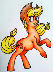 Size: 800x1074 | Tagged: safe, artist:mati0la, applejack, earth pony, pony, rearing, simple background, smiling, solo, standing, traditional art, white background