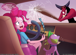 Size: 2400x1750 | Tagged: safe, artist:zelc-face, lord tirek, pinkie pie, spike, dog, equestria girls, ace ventura, barking, baseball bat, broken glass, car, clothes, commission, cute, dialogue, midriff, movie reference, nudity, one eye closed, open mouth, profane, skirt, speech bubble, spikabetes, spike the dog, talking, vulgar, warning