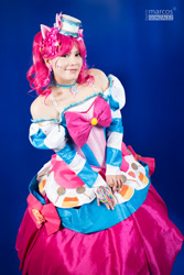 Size: 1024x1536 | Tagged: safe, artist:quetos, pinkie pie, human, candy, clothes, cosplay, costume, dress, food, gala dress, irl, irl human, lollipop, photo, solo