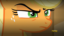 Size: 1575x880 | Tagged: safe, screencap, applejack, earth pony, pony, viva las pegasus, discovery family logo, frown, solo, stare, unamused, unconvinced applejack