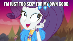Size: 600x337 | Tagged: safe, edit, edited screencap, screencap, rarity, equestria girls, equestria girls series, sunset's backstage pass!, spoiler:eqg series (season 2), caption, geode of shielding, image macro, magical geodes, meme, music festival outfit, solo, text