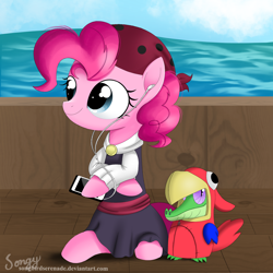 Size: 2000x2000 | Tagged: safe, artist:songbirdserenade, gummy, pinkie pie, parrot, pony, my little pony: the movie, animal costume, clothes, costume, earbuds, gummy the parrot, high res, ocean, pirate, pirate pinkie pie, ship, sitting