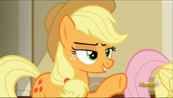 Size: 2503x1435 | Tagged: safe, screencap, applejack, fluttershy, earth pony, pegasus, pony, viva las pegasus