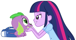 Size: 3508x1873 | Tagged: safe, derpibooru import, spike, twilight sparkle, twilight sparkle (alicorn), alicorn, dog, equestria girls, backpack, bedroom eyes, female, heart eyes, hundreds of users filter this tag, love, male, shipping, simple background, smiling, spike the dog, spikelove, straight, transparent background, twispike, wingding eyes