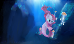 Size: 2000x1200 | Tagged: safe, artist:chopsticks, pinkie pie, jellyfish, seapony (g4), my little pony: the movie, bioluminescent, bubble, crying, cute, cutie mark, female, glow, lonely, mare, ocean, pinkamena diane pie, sad, sadorable, seaponified, seapony pinkamena, seapony pinkie pie, solo, species swap, text, underwater