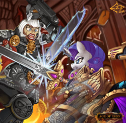 Size: 1280x1244 | Tagged: safe, artist:eztp, rarity, human, pony, unicorn, fanfic:iron hearts, adepta sororitas, alternate universe, armor, bolter, chaos, combat, commission, crossover, duo, fanfic, fanfic art, fanfic cover, female, gun, iron warriors, magic, mare, power armor, power sword, sword, sword fight, sword rara, telekinesis, this will end in pain, warhammer (game), warhammer 40k, weapon, woman