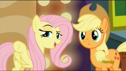 Size: 1200x675 | Tagged: safe, screencap, applejack, fluttershy, earth pony, pegasus, pony, viva las pegasus, lidded eyes