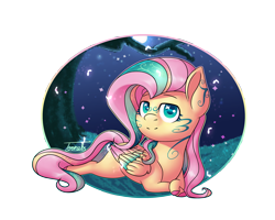 Size: 3000x2400 | Tagged: safe, artist:toonebs, fluttershy, firefly (insect), pegasus, pony, alternate design, cute, moon, night, night sky, prone, rainbow power, shyabetes, simple background, sky, solo, transparent background
