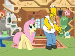 Size: 900x675 | Tagged: safe, artist:sb1991, fluttershy, pegasus, pony, bump, crossover, d'oh, fluttershy's cottage, fluttershy's cottage (interior), homer simpson, story included, the simpsons