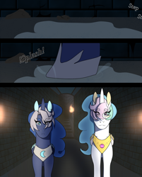 Size: 1768x2196 | Tagged: safe, artist:moonaknight13, princess celestia, princess luna, alicorn, pony, comic:the magic within, alternate universe, cracks, dungeon, hoof shoes, puddle, rock, torch, walk cycle, walking