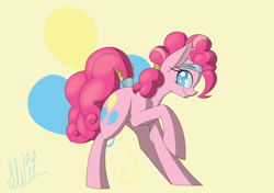 Size: 2550x1800 | Tagged: safe, artist:lone-wolf2011, pinkie pie, earth pony, pony, alternate hairstyle, female, headband, looking at you, mare, raised hoof, simple background, solo
