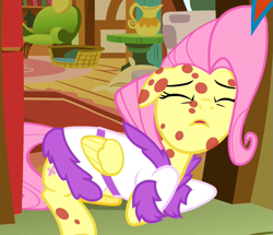 Size: 831x714 | Tagged: safe, screencap, fluttershy, pegasus, pony, hurricane fluttershy, acting, bathrobe, clothes, cropped, eyes closed, female, floppy ears, fluttershy's cottage, mare, moe, open mouth, pony pox, prone, robe, sad, sick, solo, weak
