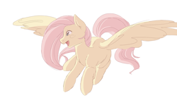 Size: 1800x1000 | Tagged: safe, artist:liquidcosmos, fluttershy, pegasus, pony, female, flying, long mane, looking away, mare, open mouth, simple background, smiling, solo, spread wings, white background, wings