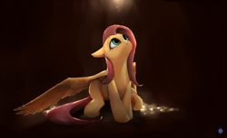 Size: 2700x1650 | Tagged: safe, artist:noctilucent-arts, edit, fluttershy, pegasus, pony, female, floppy ears, looking at something, looking up, mare, one wing out, sitting, solo, spread wings, wings