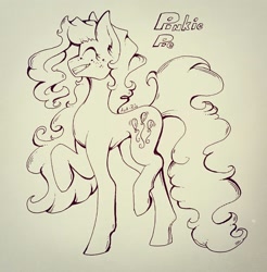 Size: 1841x1872 | Tagged: safe, artist:shemidnight, pinkie pie, pony, eyes closed, monochrome, raised hoof, raised leg, smiling, solo