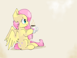 Size: 2048x1536 | Tagged: safe, artist:pinkflutter, fluttershy, pegasus, pony, coffee, coffee mug, hoof hold, mug, profile, sitting, solo, wings