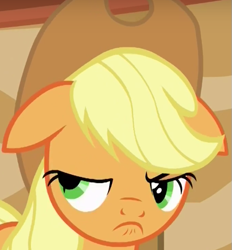 Size: 481x518 | Tagged: safe, screencap, applejack, earth pony, pony, viva las pegasus, floppy ears, lidded eyes, solo