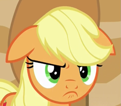 Size: 515x449 | Tagged: safe, screencap, applejack, earth pony, pony, viva las pegasus, floppy ears, frown, grumpy, solo