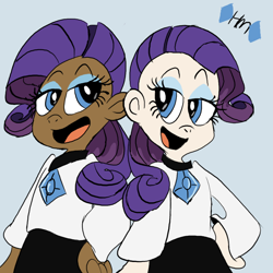 Size: 800x800 | Tagged: safe, artist:mirabuncupcakes15, rarity, human, blue eyes, choker, clothes, dark skin, duality, duo, eyeshadow, female, humanized, lidded eyes, looking at each other, makeup, open mouth, pants, self paradox, shirt