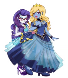 Size: 1280x1467 | Tagged: safe, artist:lucy-tan, rarity, oc, oc:azure/sapphire, equestria girls, anime, clothes, crossdressing, dress, ear piercing, earring, equestria girls-ified, female, femboy, glasses, gown, high heels, jewelry, makeup, male, piercing, rarity's glasses, shoes, wig